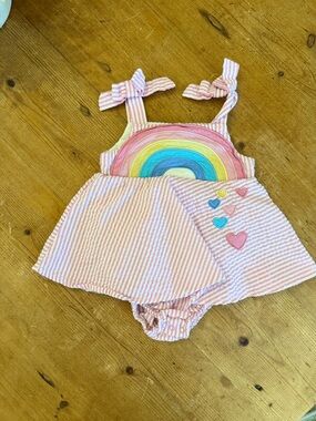 Pink Striped Baby Romper with Rainbow Appliqué